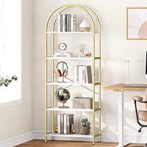 IDEALHOUSE Bookshelf 5 Tier Bookcase Arched Display Racks Tall Standing Bookshelves Metal Frame Modern Storage Rack Shelf Large Wood Book Shelf for Bedroom, Living Room, Home Office, White/Gold