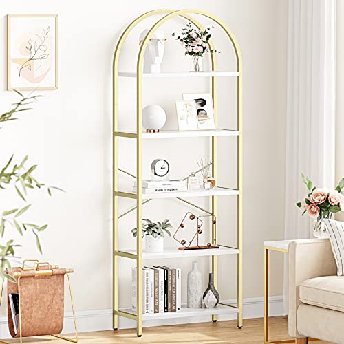 IDEALHOUSE Bookshelf 5 Tier Bookcase Arched Display Racks Tall Standing Bookshelves Metal Frame Modern Storage Rack Shelf Large Wood Book Shelf for Bedroom, Living Room, Home Office, White/Gold