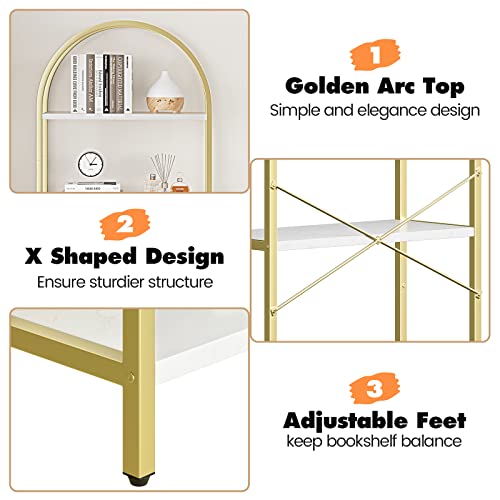 IDEALHOUSE Bookshelf 5 Tier Bookcase Arched Display Racks Tall Standing Bookshelves Metal Frame Modern Storage Rack Shelf Large Wood Book Shelf for Bedroom, Living Room, Home Office, White/Gold