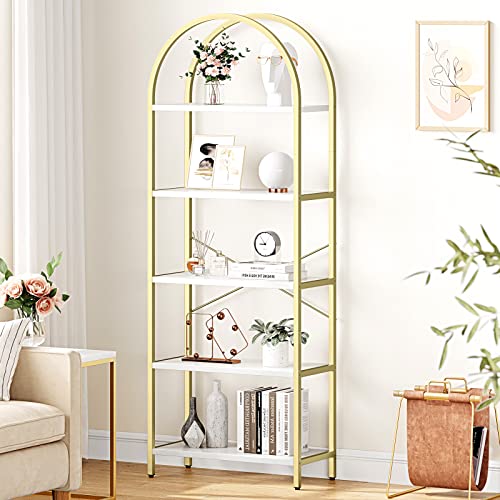 IDEALHOUSE Bookshelf 5 Tier Bookcase Arched Display Racks Tall Standing Bookshelves Metal Frame Modern Storage Rack Shelf Large Wood Book Shelf for Bedroom, Living Room, Home Office, White/Gold