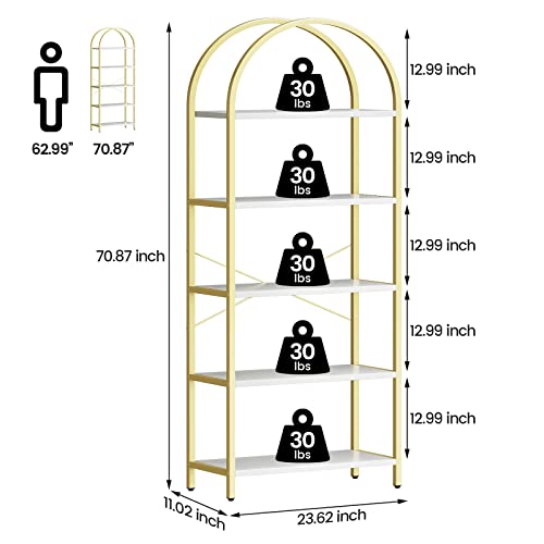 IDEALHOUSE Bookshelf 5 Tier Bookcase Arched Display Racks Tall Standing Bookshelves Metal Frame Modern Storage Rack Shelf Large Wood Book Shelf for Bedroom, Living Room, Home Office, White/Gold