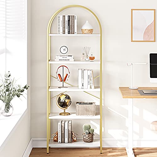 IDEALHOUSE Bookshelf 5 Tier Bookcase Arched Display Racks Tall Standing Bookshelves Metal Frame Modern Storage Rack Shelf Large Wood Book Shelf for Bedroom, Living Room, Home Office, White/Gold