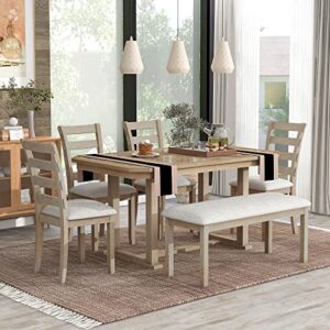 erdaye 6-piece rubber dining table set with beautiful grain pattern solid wood tabletop and soft cushion on chairs and bench,modern family kitchen & dining room furniture suit, natural wash