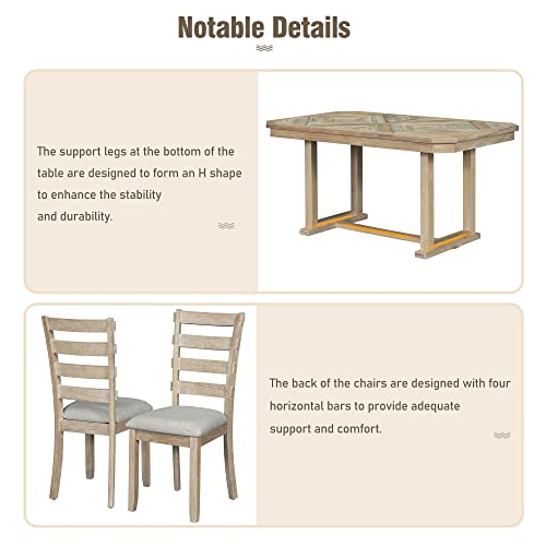 ERDAYE 6-Piece Rubber Dining Table Set with Beautiful Grain Pattern Solid Wood Tabletop and Soft Cushion on Chairs and Bench,Modern Family Kitchen & Dining Room Furniture Suit, Natural Wash