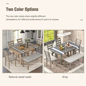 ERDAYE 6-Piece Rubber Dining Table Set with Beautiful Grain Pattern Solid Wood Tabletop and Soft Cushion on Chairs and Bench,Modern Family Kitchen & Dining Room Furniture Suit, Natural Wash