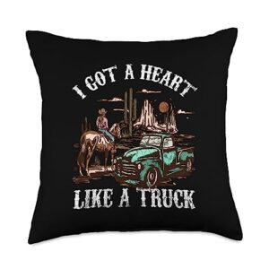 western sunset cowgirl i got a heart like a truck vintage throw pillow, 18x18, multicolor
