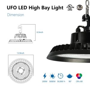 Sokply UFO High Bay Light Motion Sensor 200W 34000LM(Eqv.970W MH/HPS), 5000K 0-10V Dimmable with 6Ft Self-Wiring Cable, IP65 Waterproof LED High Bay Lighting Fixture, DLC/UL Listed（1pack