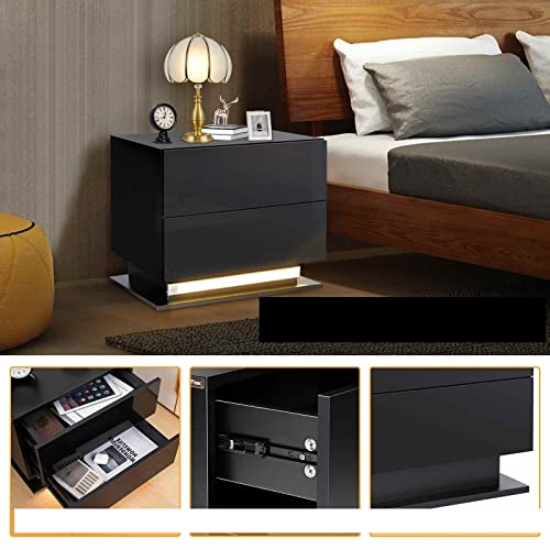 HIGOH Bedside Table Nightstand with High Gloss Drawer Led Bedside Table Metal Frame Night Stand Table with Magnetic Infrared Sensing