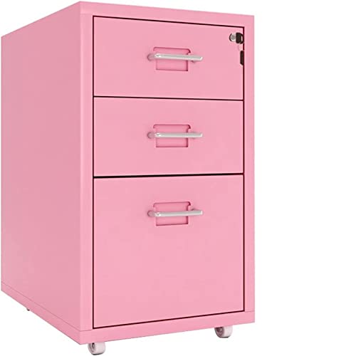 HIGOH Bedside Table Drawer Locker Under Desk Small Metal Lockable Bedside Table with Wheels for Office Home Pink