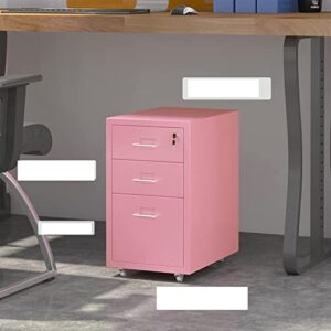 HIGOH Bedside Table Drawer Locker Under Desk Small Metal Lockable Bedside Table with Wheels for Office Home Pink