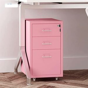 HIGOH Bedside Table Drawer Locker Under Desk Small Metal Lockable Bedside Table with Wheels for Office Home Pink