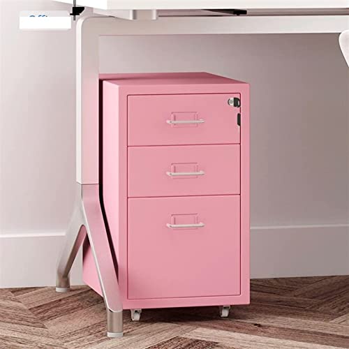 HIGOH Bedside Table Drawer Locker Under Desk Small Metal Lockable Bedside Table with Wheels for Office Home Pink