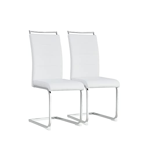 Gangnamri Modern Dining Chairs, High Back Side Chair Leather Upholstered Kitchen Chairs with Metal Legs for Dining Room Kitchen Vanity Patio Club Guest Office (White, Set of 2)