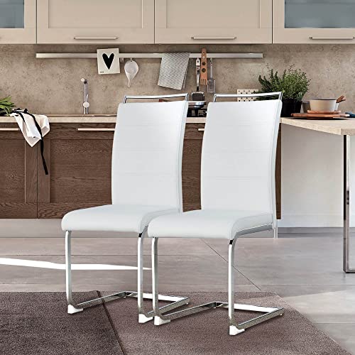 Gangnamri Modern Dining Chairs, High Back Side Chair Leather Upholstered Kitchen Chairs with Metal Legs for Dining Room Kitchen Vanity Patio Club Guest Office (White, Set of 2)