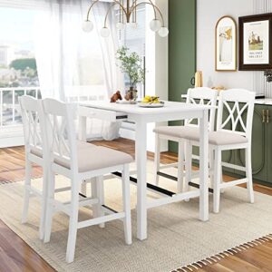 jivoit counter height 5-piece dining table set with 4 upholstered chairs, solid wood casual kitchen set with 1 storage drawer, save-space dining table set for 4 (white+beige 001)