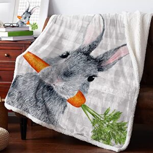 Sherpa Blankets Fleece Throw Blanket Reversible Soft Cozy Bed Blankets Easter Watercolor Bunny with Carrot,Flannel Sofa Throws,Grey and White Buffalo Plaid Fuzzy Warm Blankets for Couch,50x80in