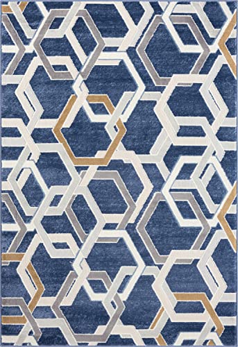 Abani Atlas 5'x8' Blue/Grey Area Rug, Hexagon Design - Durable Non-Shedding - Easy to Clean