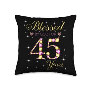 blessed by god 45th birthday gift for ladies blessed by god for 45 years old 45th birthday gift for women throw pillow, 16x16, multicolor