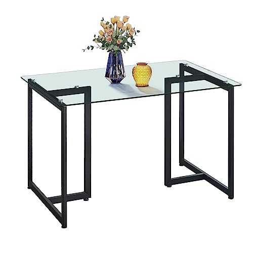 FurnitureR 47" Modern Rectangular Dining Table with Spacious Tempered Glass Tabletop & Black Legs Elegant for Home Kitchen Restaurant