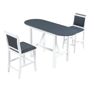 Merax 3-Piece Wood Counter Height Drop Leaf Dining Table Set with 2 Upholstered Chairs for Small Place, Grey