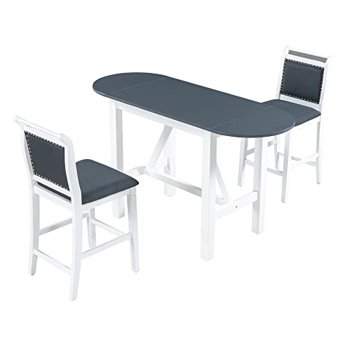 Merax 3-Piece Wood Counter Height Drop Leaf Dining Table Set with 2 Upholstered Chairs for Small Place, Grey