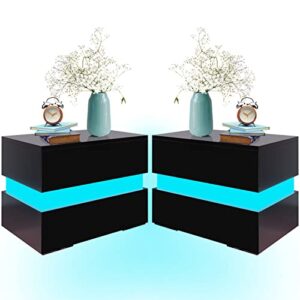 led nightstand set of 2 with 2 storage drawers, modern high gloss bedside table with led lights, end table for bedroom furniture(black,2