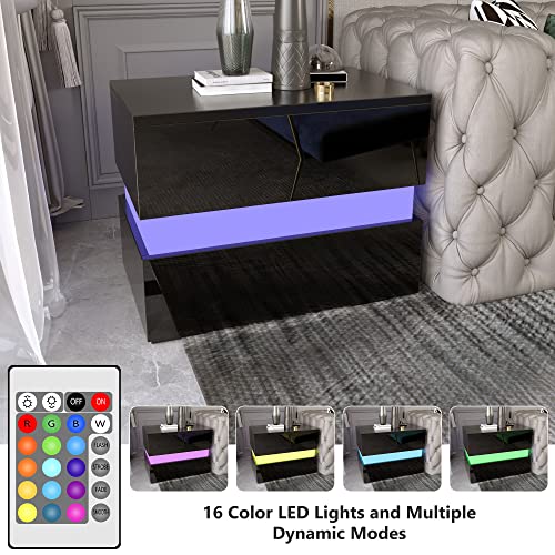LED Nightstand Set of 2 with 2 Storage Drawers, Modern High Gloss Bedside Table with Led Lights, End Table for Bedroom Furniture(Black,2