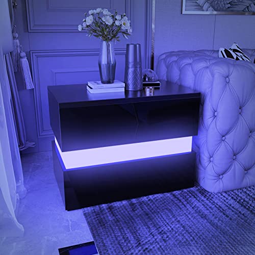 LED Nightstand Set of 2 with 2 Storage Drawers, Modern High Gloss Bedside Table with Led Lights, End Table for Bedroom Furniture(Black,2