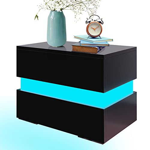 LED Nightstand Set of 2 with 2 Storage Drawers, Modern High Gloss Bedside Table with Led Lights, End Table for Bedroom Furniture(Black,2