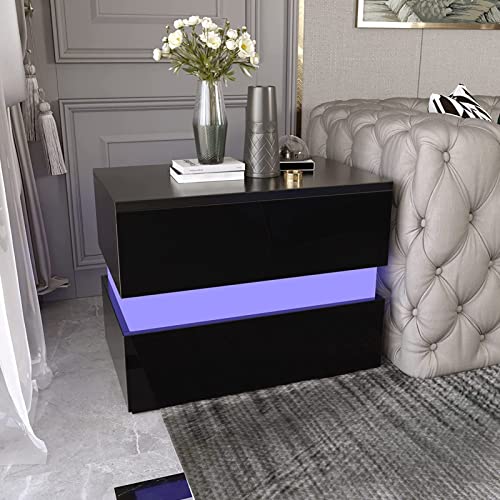 LED Nightstand Set of 2 with 2 Storage Drawers, Modern High Gloss Bedside Table with Led Lights, End Table for Bedroom Furniture(Black,2