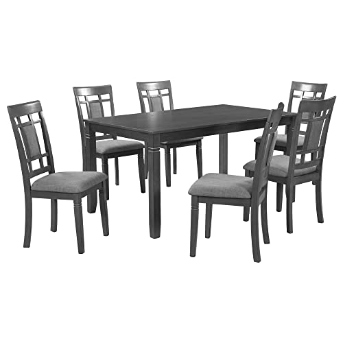 RUNWON Farmhouse Rustic 7-Piece Wooden Table Kitchen Furniture Set with 6 Padded Dining Chairs, Gray