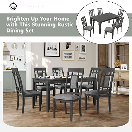 RUNWON Farmhouse Rustic 7-Piece Wooden Table Kitchen Furniture Set with 6 Padded Dining Chairs, Gray