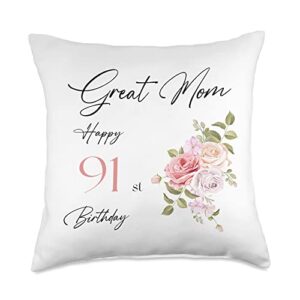 floral great mom birthday gifts mother's day floral mom 91st years old birthday gifts mother's day throw pillow, 18x18, multicolor