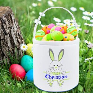 Personalized Easter Baskets Bunny for Boys Girls Custom Name Easter Basket Egg Canvas Tote Bag with Handle Kids Gift Blue