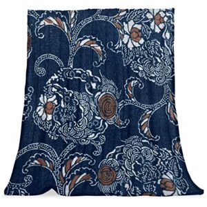 plush blanket throw blanket warm cozy soft microfiber blankets, japanese navy blue flower art rose vintage