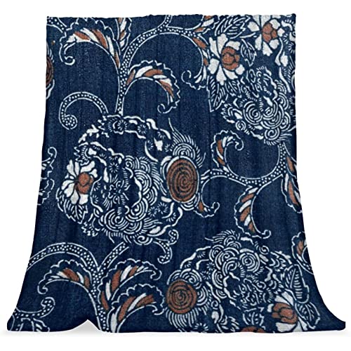 Plush Blanket Throw Blanket Warm Cozy Soft Microfiber Blankets, Japanese Navy Blue Flower Art Rose Vintage