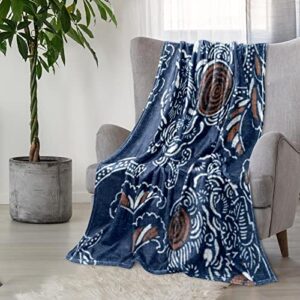 Plush Blanket Throw Blanket Warm Cozy Soft Microfiber Blankets, Japanese Navy Blue Flower Art Rose Vintage