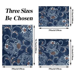 Plush Blanket Throw Blanket Warm Cozy Soft Microfiber Blankets, Japanese Navy Blue Flower Art Rose Vintage