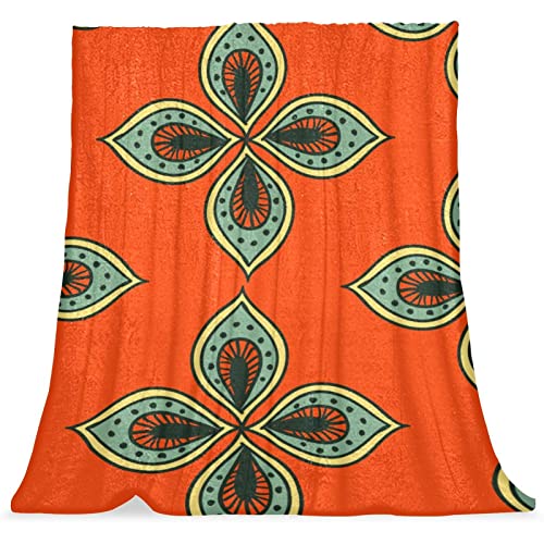 Plush Blanket Throw Blanket Warm Cozy Soft Microfiber Blankets, Japanese Cashew Flower Orange Green Retro