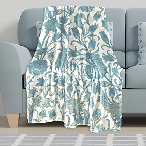 Plush Blanket Throw Blanket Warm Cozy Soft Microfiber Blankets, Vintage Blue Green Flower Plant