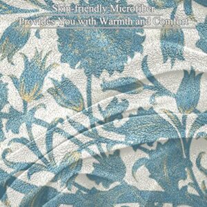 Plush Blanket Throw Blanket Warm Cozy Soft Microfiber Blankets, Vintage Blue Green Flower Plant