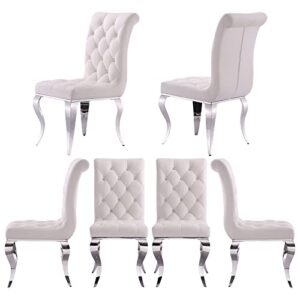 anewsun dining chairs, white velvet upholstered dining room chairs set of 6, crystal decor button tufted dining chairs with silver mirror legs