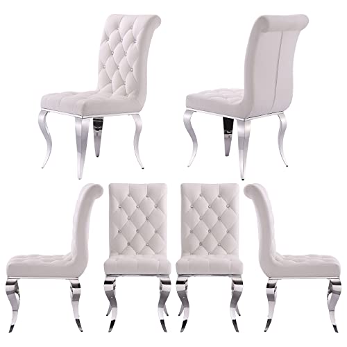 Anewsun Dining Chairs, White Velvet Upholstered Dining Room Chairs Set of 6, Crystal Decor Button Tufted Dining Chairs with Silver Mirror Legs