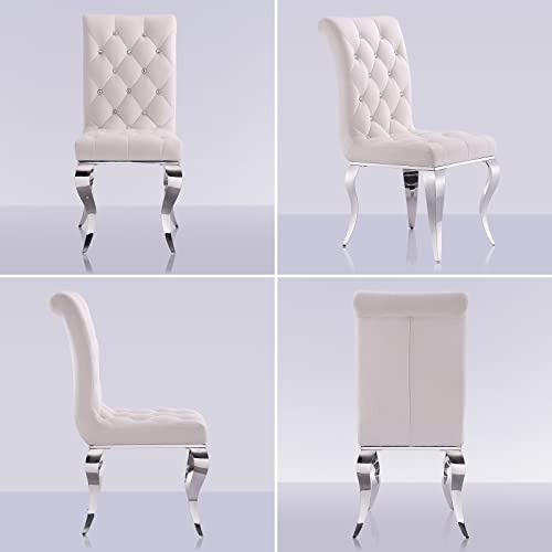 Anewsun Dining Chairs, White Velvet Upholstered Dining Room Chairs Set of 6, Crystal Decor Button Tufted Dining Chairs with Silver Mirror Legs