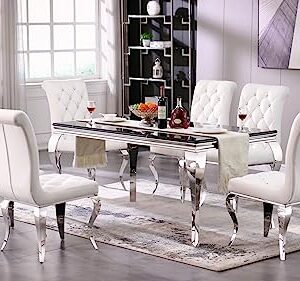 Anewsun Dining Chairs, White Velvet Upholstered Dining Room Chairs Set of 6, Crystal Decor Button Tufted Dining Chairs with Silver Mirror Legs