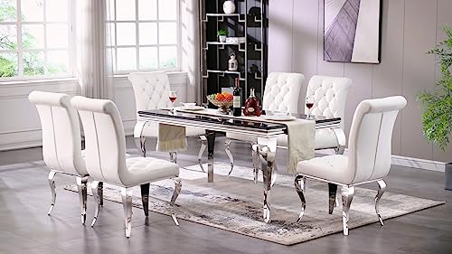 Anewsun Dining Chairs, White Velvet Upholstered Dining Room Chairs Set of 6, Crystal Decor Button Tufted Dining Chairs with Silver Mirror Legs