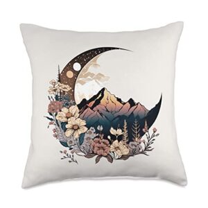 cute elegant minimal boho decor art design co crescent moon phases mountain floral aesthetic chic boho throw pillow, 18x18, multicolor
