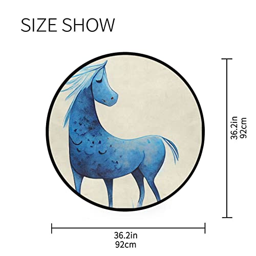 Vnurnrn Abstract Blue Horse Round Area Rug, Non Slip Indoor Throw Area Rug, Washable Circle Carpet Floor Mat for Living Room, Door Mat Entryway, Bedroom, Sofa, 3 Ft