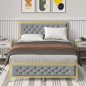 fancihabor gold queen size bed frame, velvet upholstered platform bed with button tufted headboard, heavy duty metal mattress foundation and metal slats, no box spring rquired (grey, queen)
