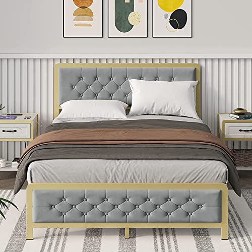 Fancihabor Gold Queen Size Bed Frame, Velvet Upholstered Platform Bed with Button Tufted Headboard, Heavy Duty Metal Mattress Foundation and Metal Slats, No Box Spring Rquired (Grey, Queen)